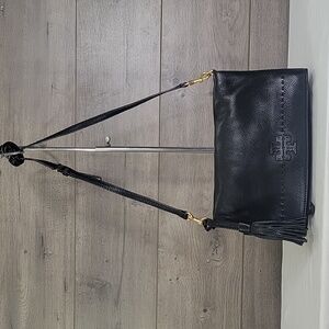 Tory Burch McGraw Black Pebble Leather Fold Over Crossbody Shoulder Bag